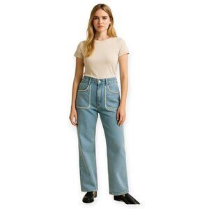 Zara Light Wash Wide Leg Jeans Embroidered Boho High Rise Size 6 Blue Jeans